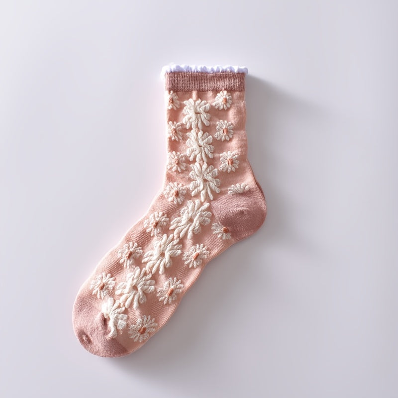 6 pairs of lightweight and comfy flower bubble cable crew socks for women.