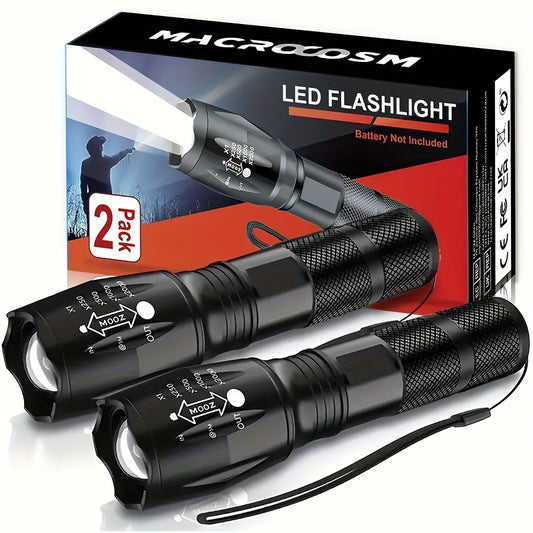 2 LED zoomable flashlights made of bright aluminum alloy for camping, hiking, fishing, emergencies. Batteries not included.