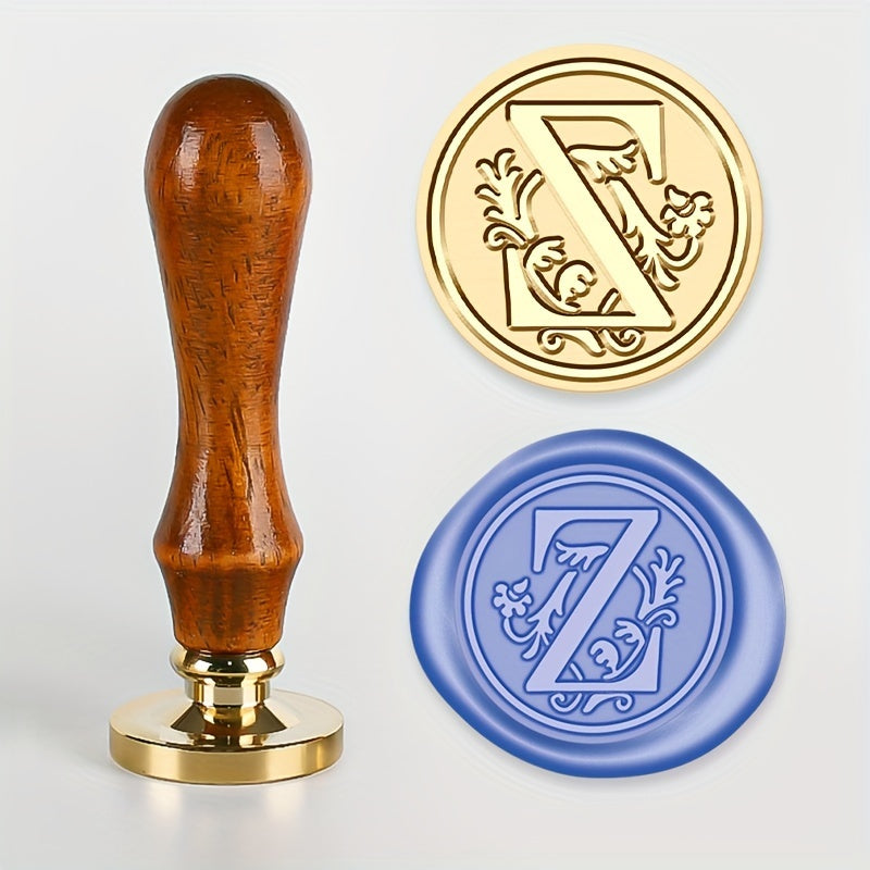 1 set of a 26-letter series Wax Seal Stamp with a Retro Wood Handle and Brass Head for various uses such as Thanksgiving Cards, Envelopes, Gift Wrapping, and Wedding Invitations featuring a