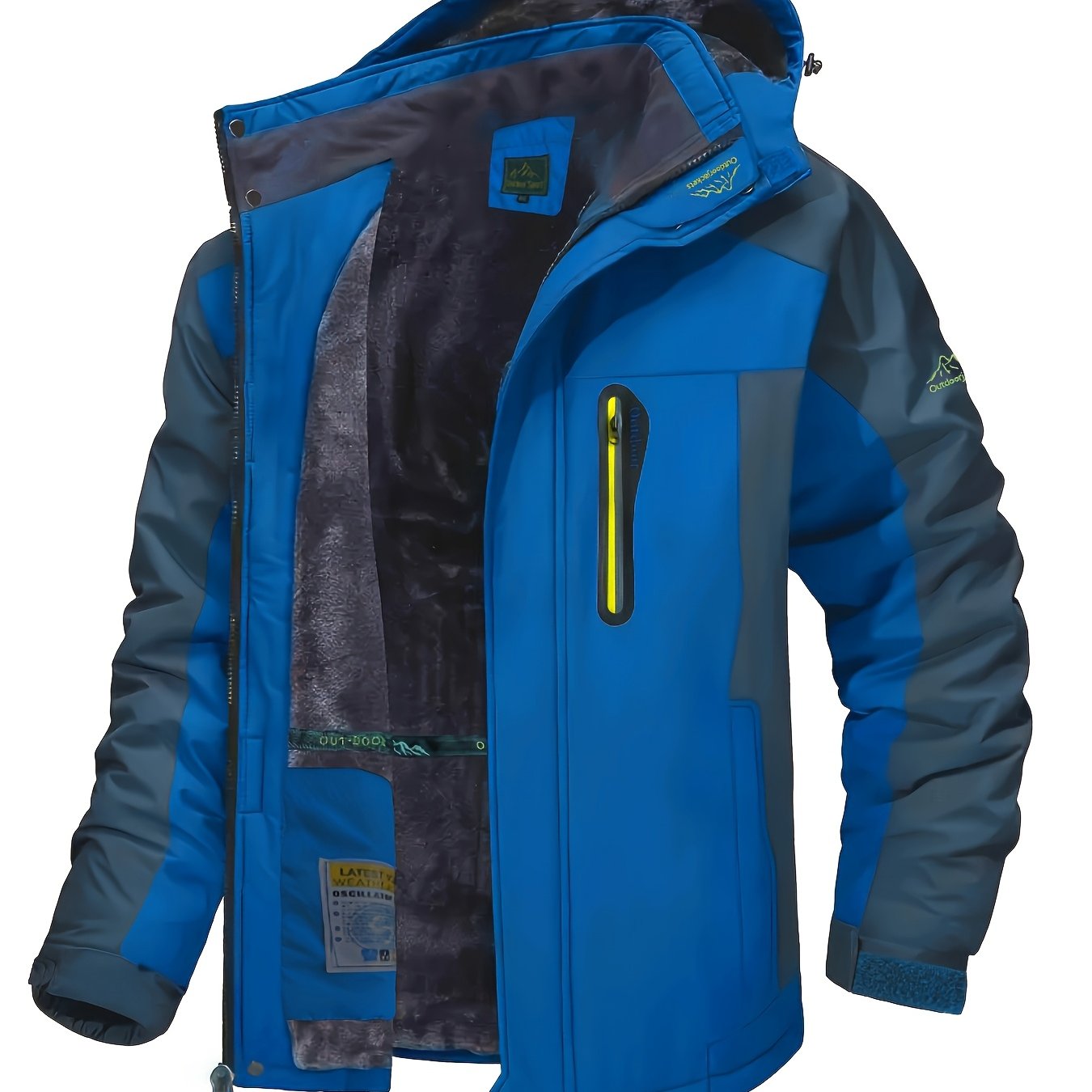 Men's waterproof hooded jacket with thick fleece lining is perfect for skiing, snowboarding, and hiking. Made of durable polyester with zip closure, pockets, and insulation for cold