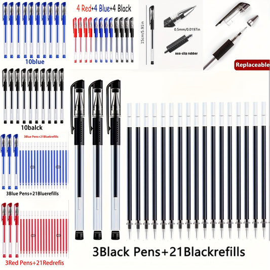 24 ergonomic glossy gel pens with a 0.5 mm fine tip, available in black, blue, and red colors. Ideal for school and office use.