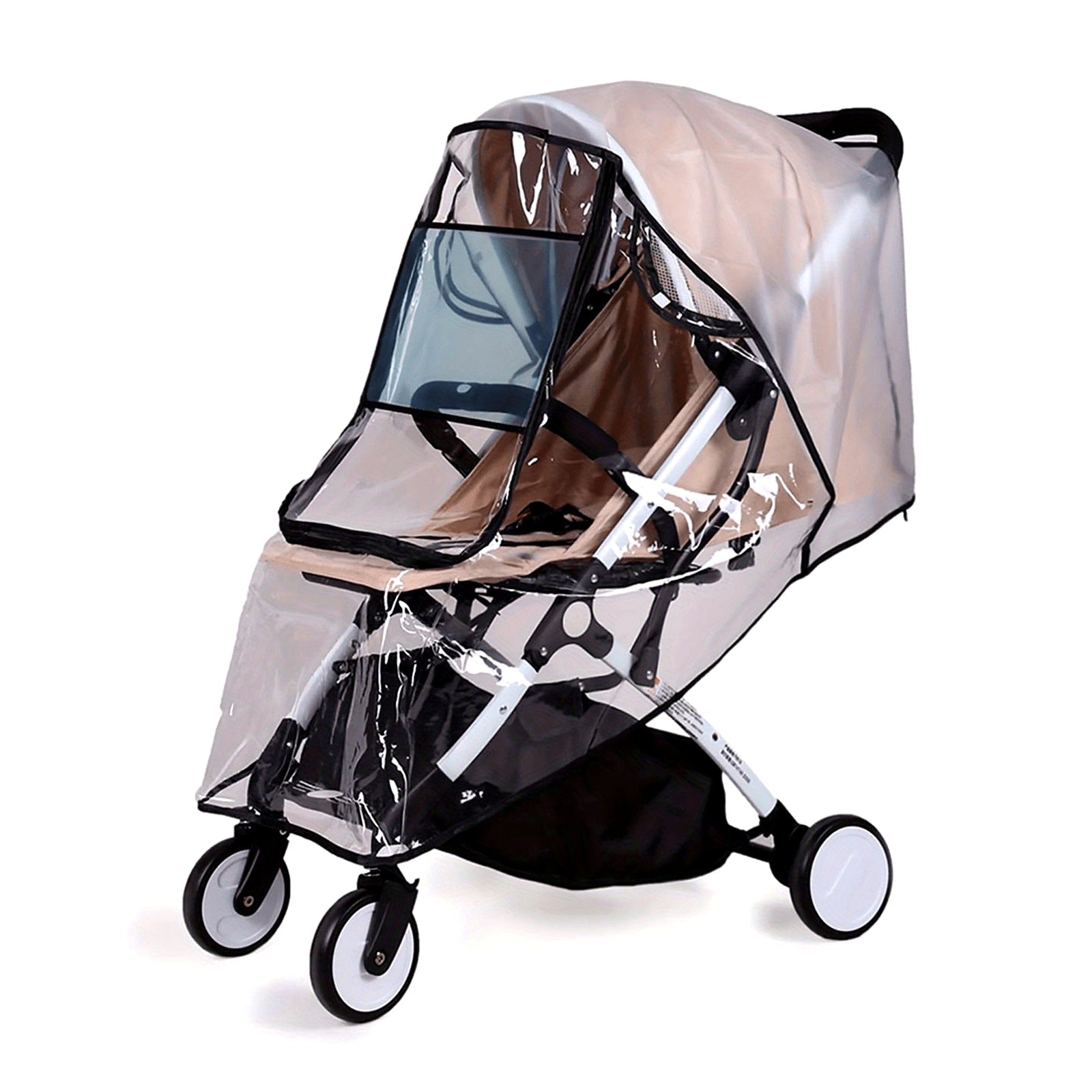 Protect your pushchair with this universal rain cover. Made from transparent material with a zip for easy access, this water resistant cover is durable and perfect for keeping your pram stroller shielded from wind, dust, and weather. Ideal for stroller