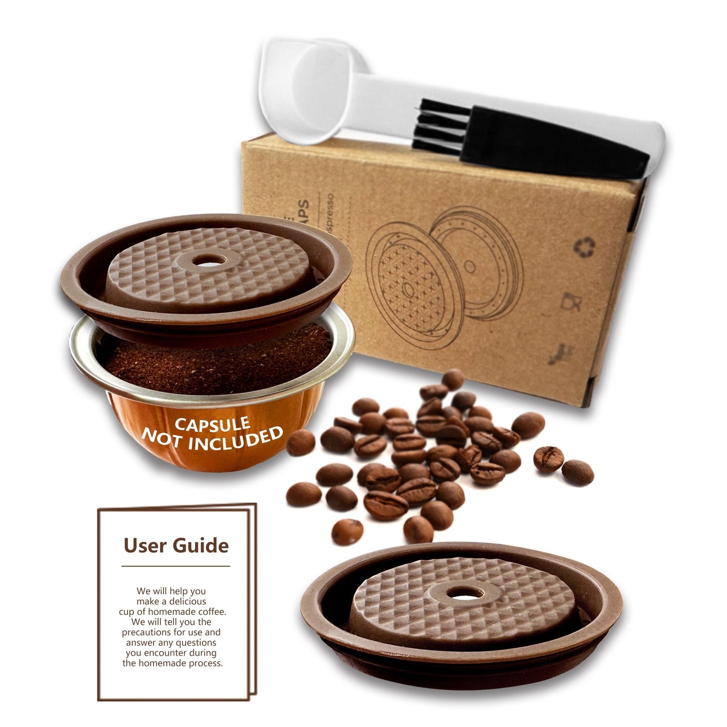 One pack of two reusable coffee capsule lids compatible with Nespresso Pods Vertuo, made of food grade silicone. These caps fit all sizes of reusable Nespresso Vertuo pods and come with a scoop and brush for easy refill.