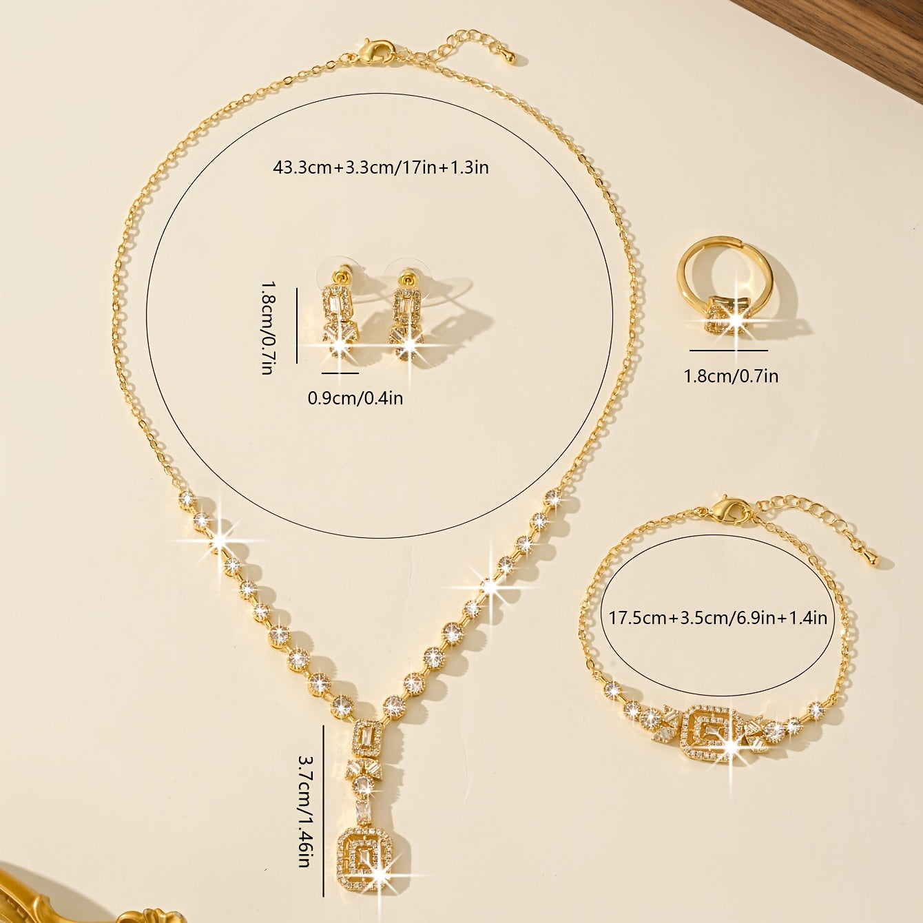 Luxurious 5-Piece Jewelry Set for Women, Featuring 18K Gold Plating, Synthetic Zirconia Stones in a Stylish Square Design, Made of Copper. Perfect for Everyday Wear or Special Wedding Events, with a Beautiful Celestial Symbol Theme. Ideal Gift for