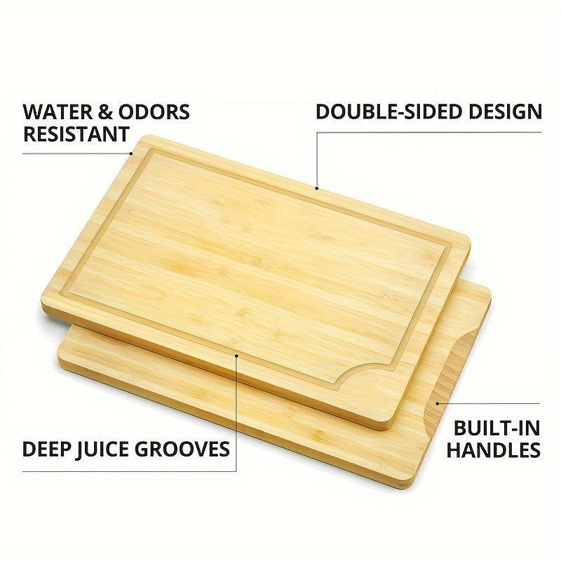 A collection of kitchen cutting boards made from high-quality wood, including bamboo. This set includes three cutting boards with juice grooves, perfect for preparing meats, fruits, and vegetables. Also included are serving boards with easy-to-grip