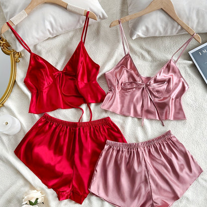 Women's Satin Pajama Set with Bow Tie Crop Top and Shorts for Summer Nights