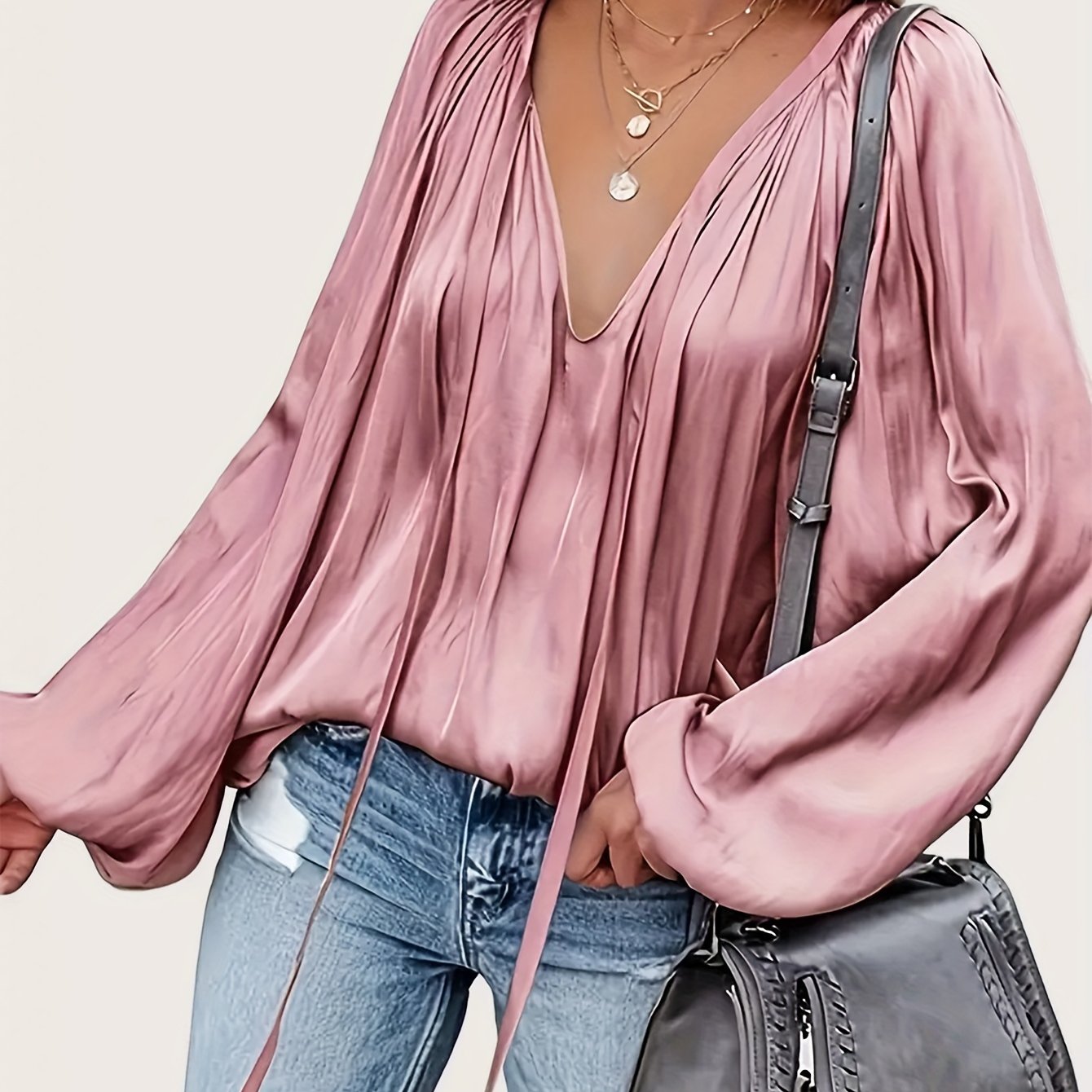 V-Neck Polyester Blouse with Tie Neck Detail - Draped Lantern Sleeves, Ruched Design, Loose Fit Casual Top for Women - Versatile All-Season Shirting