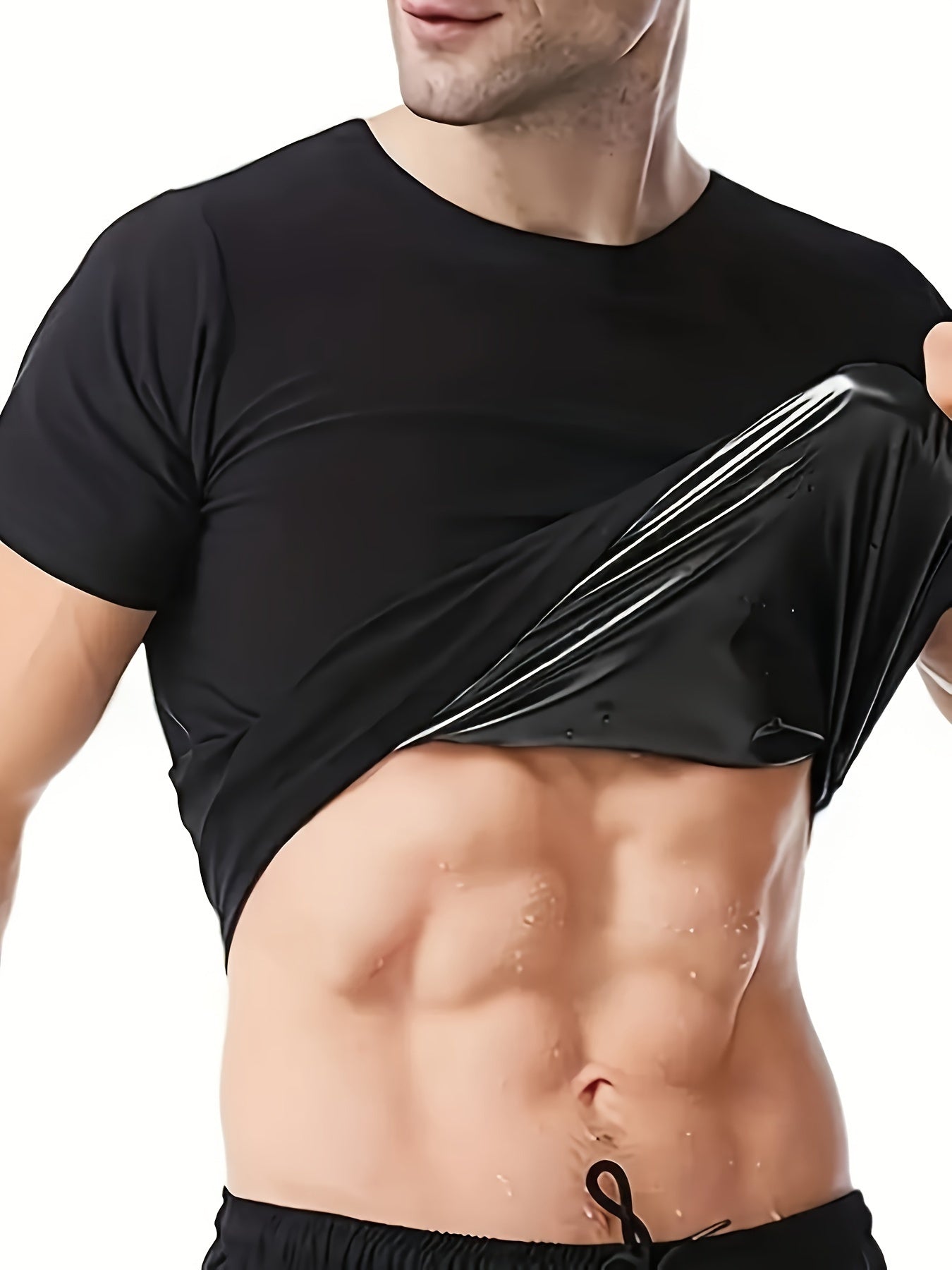 Men's short-sleeve sweat-wicking sports shirt and sauna suit for fitness training.