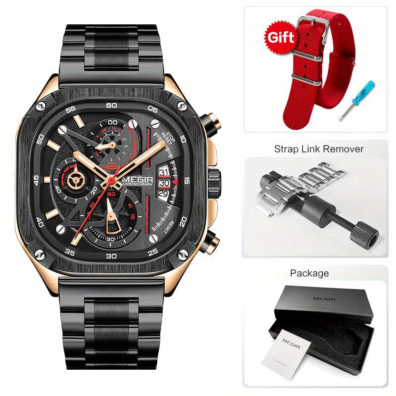 MEGIR Black Quartz Watch for Men with Chronograph, Stainless Steel Strap and Auto Date, Square Dial with Luminous Hands.