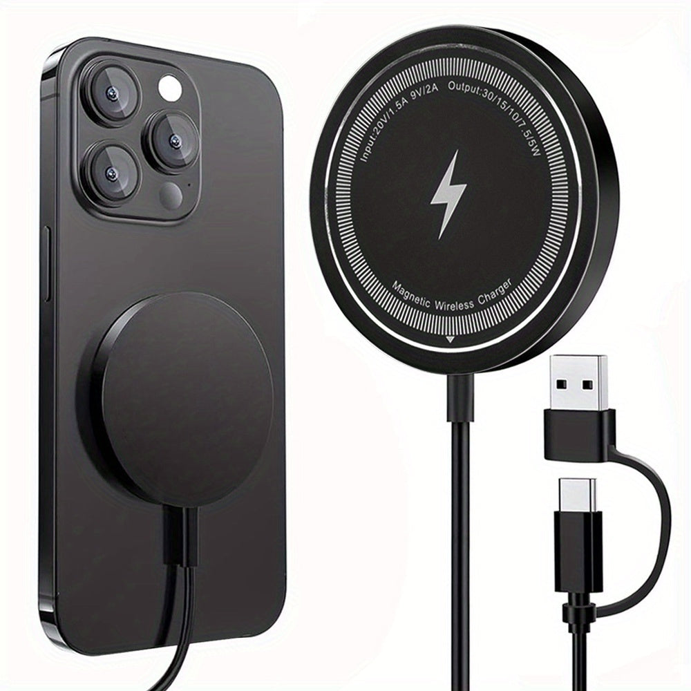 Fast-charging wireless charger pad for iPhone and Airpods, MagSafe compatible with dual input USB-C/A, sleek black design.