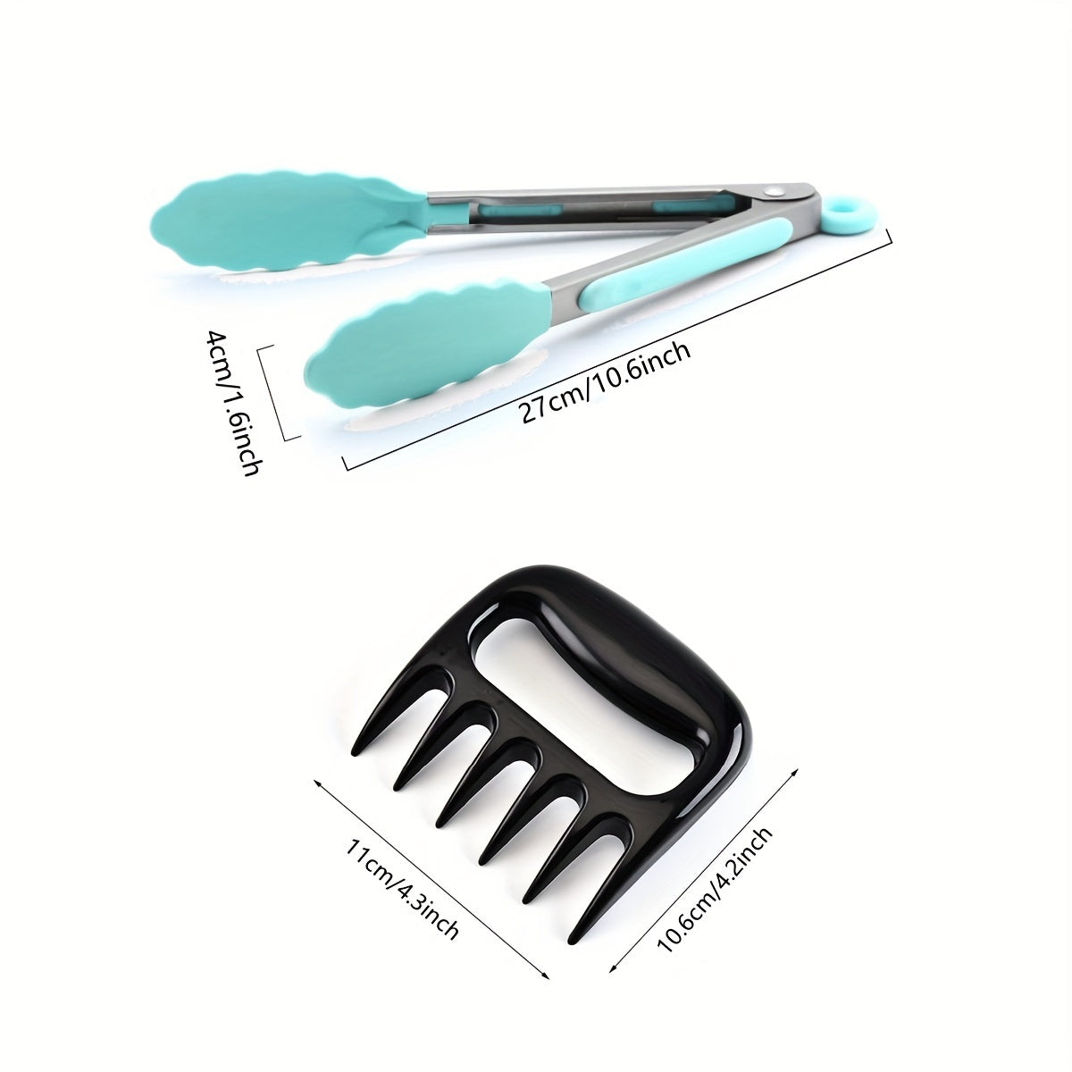 Set of 2 kitchen tongs made of stainless steel with silicone tips, along with a set of 3 meat shredder claws. These multipurpose accessories are perfect for BBQ and cooking tasks, made to handle both metal and plastic food processors.