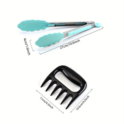 Set of 2 kitchen tongs made of stainless steel with silicone tips, along with a set of 3 meat shredder claws. These multipurpose accessories are perfect for BBQ and cooking tasks, made to handle both metal and plastic food processors.