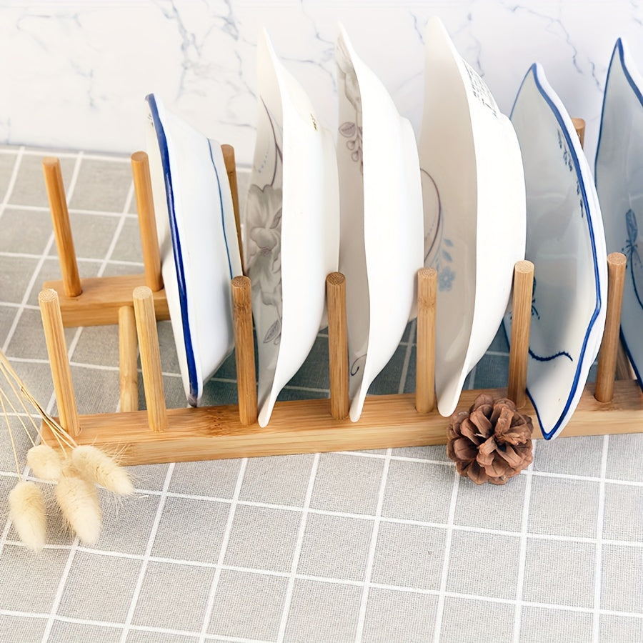 Bamboo Wooden Plate Rack for Kitchen Storage and Organization - Ideal for Dishes, Plates, Bowls, Cups, Pot Lids, Cutting Boards, and More! Can also be used as a Drying Rack, Bookshelf, or Home Kitchen Supply Organizer.