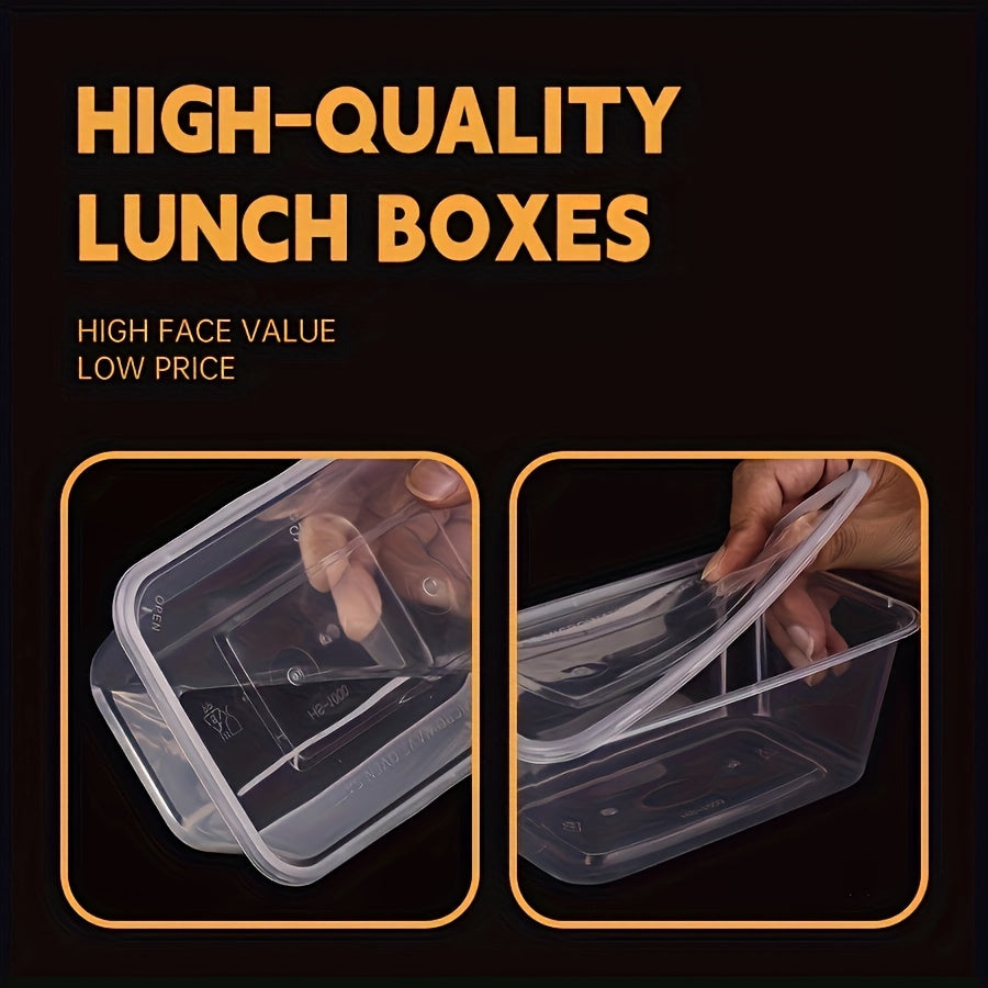 10 to 30 pieces of transparent plastic containers with lids in sizes 17, 22, and 26 ounces. These rectangular food storage containers are BPA free, stackable, leak-proof lunch boxes that are also microwave safe. Perfect for kitchen gadgets and