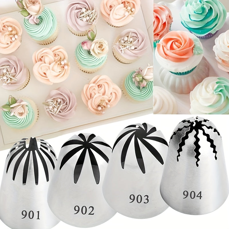 Set of 4 Stainless Steel Russian Cake Piping Tips for Flawless Frosting and Decoration - Great for Cupcakes, Cookies, and Other Treats - Must-Have Kitchen Tools for Baking Enthusiasts