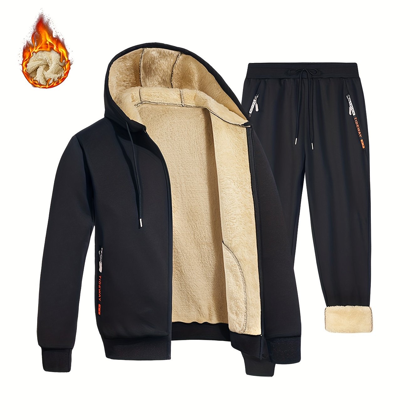 2-piece men's set: Fleece lined zip-up hooded coats with zipper pockets and drawstring pants for casual autumn and winter outfits.