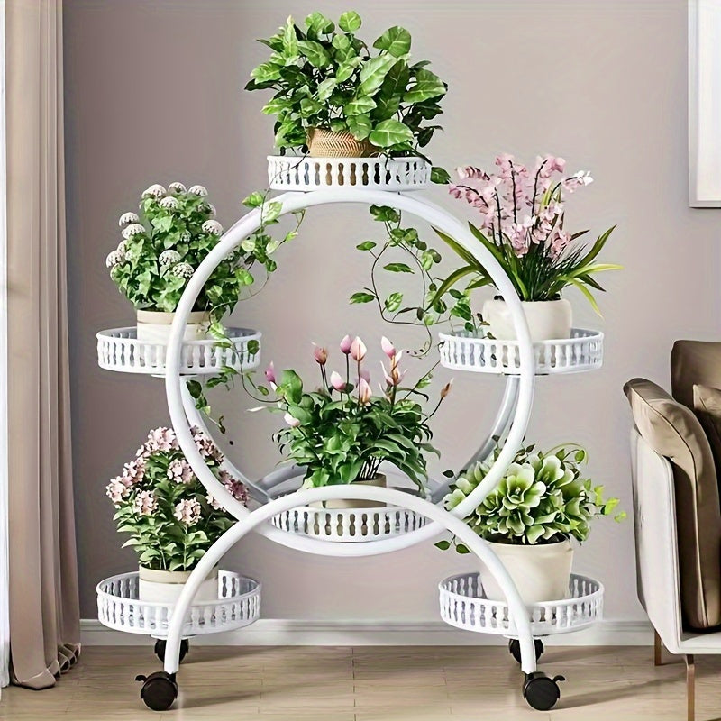 European-style metal hanging plant stand with wheels, multi-level mobile planter rack, circular design for indoors and outdoors.