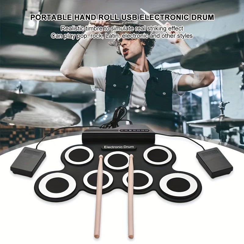 Compact, foldable electronic drum kit for beginners features USB MIDI output, headphone jack, metronome, and power-saving design, but no built-in speaker.