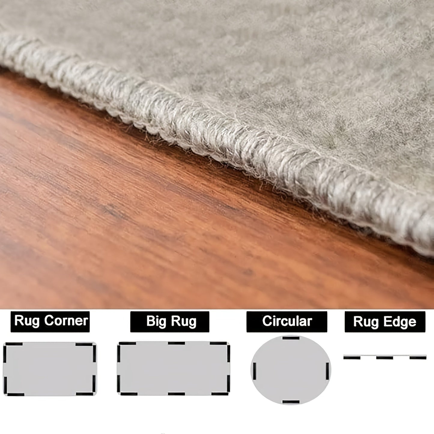 Get a set of four Silicone Rug Grippers - Double-Sided and Reusable Rug Tape Stickers for Non-Slip Grip on Hardwood Floors. These Waterproof Carpet Edge Grip Tape is perfect for use in offices and bedrooms.