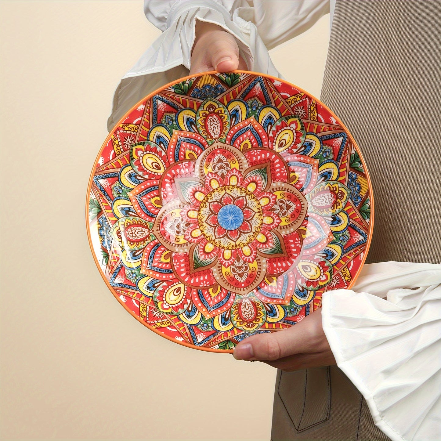 1pc 8-inch Bohemian Style Ceramic Dinner Plate suitable for home and restaurant use. Microwave safe.