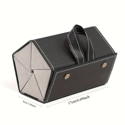 Faux leather folding glasses case with 5 slots and snap closure.