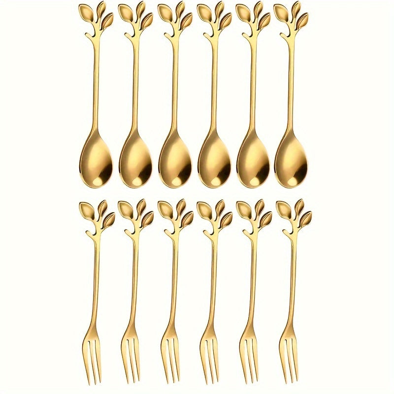 Golden stainless steel spoon set with leaf accents, polished finish, dishwasher safe, ideal for stirring, fruit, appetizers. Perfect for home, parties, weddings, holidays. Elegant and nature-inspired tableware.