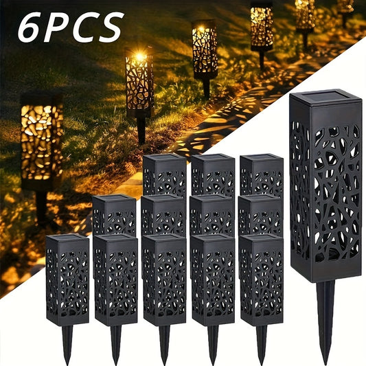 6-Pack Solar Path Lights with LED landscape lighting. Low-voltage, solar-powered with detachable fixture. Plastic lamp shade and solar battery included. ≤100 Lumen output.