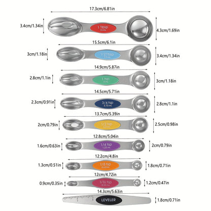 Set of 20 stainless steel measuring cups and spoons with double-sided magnetic measuring spoons, plastic measuring cups, and a leveler - essential baking and cooking utensils