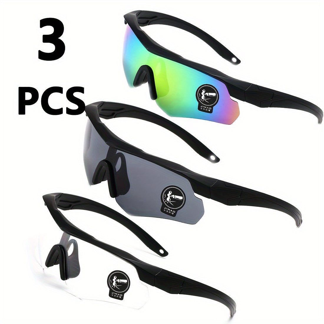 UV400 Cycling Glasses, 3-Pack, PC Lens & Frame, Sports Running Eyewear, Outdoor Performance Goggles.