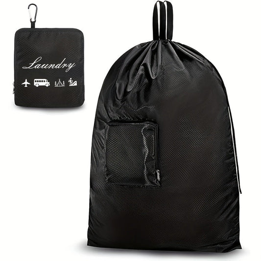 Two Foldable Laundry Bags with Handles and Aluminum Carabiner, Made of Durable Cloth Material, Perfect for Travel and Camping, Ideal for Organizing Gym Gear, Available in Black and Grey.