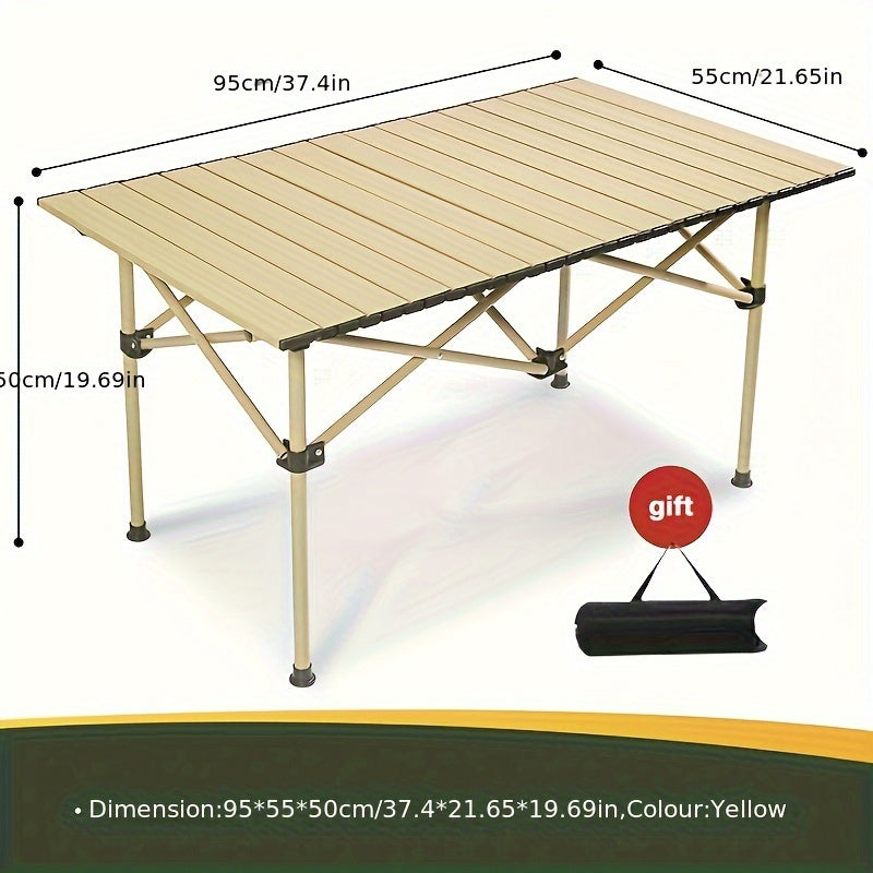 Portable, foldable outdoor table suitable for camping. Crafted from durable golden material in a convenient roll-shaped design.