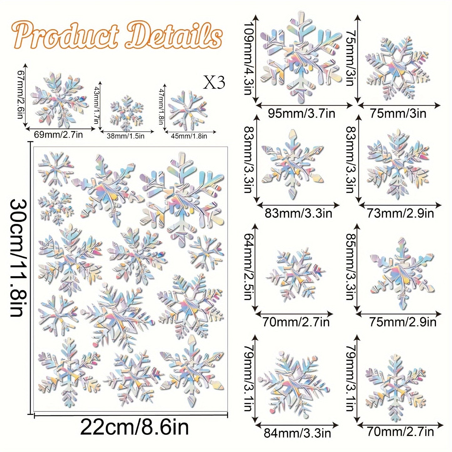 Window snowflake decals for glass windows, including 26 pieces for larger windows and 13 pieces for smaller windows. These decals are designed to prevent bird collisions with windows and feature a non-adhesive prismatic design. Decorate your windows with