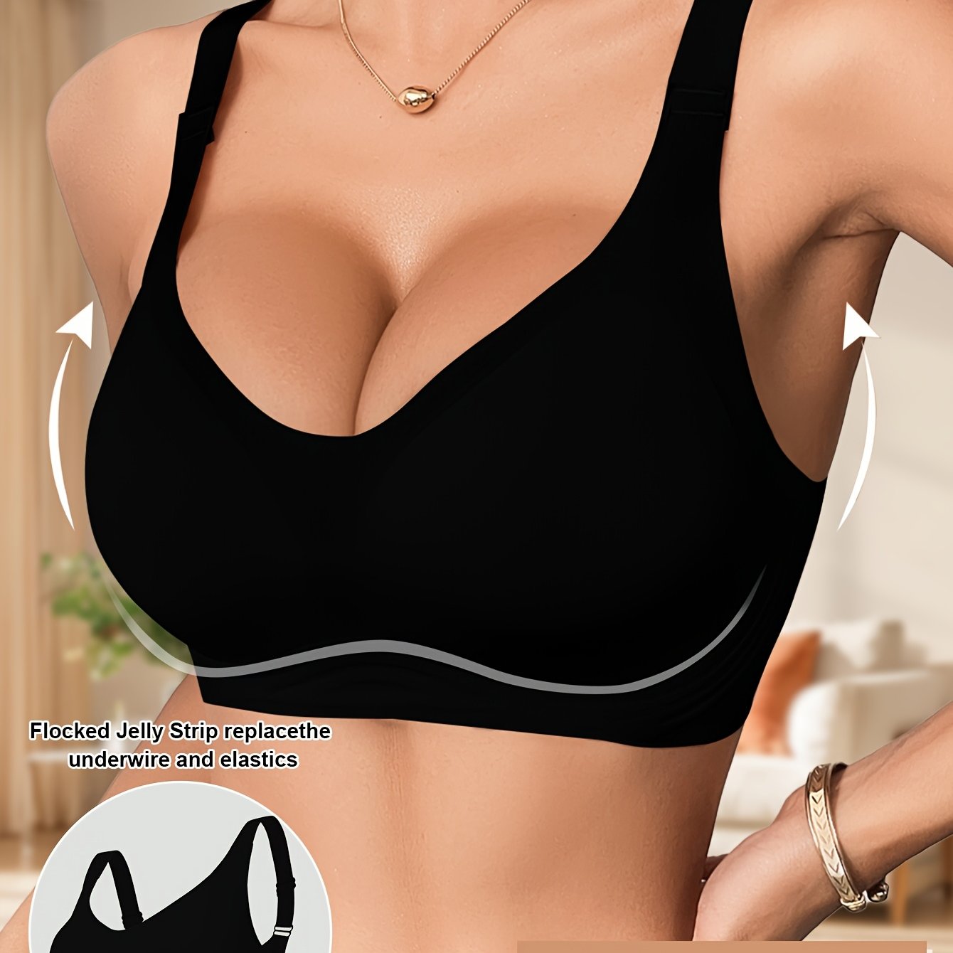 Women's wireless bra with full coverage, polyamide 85% elastane 15%, solid color knit fabric, removable pads for everyday comfort.