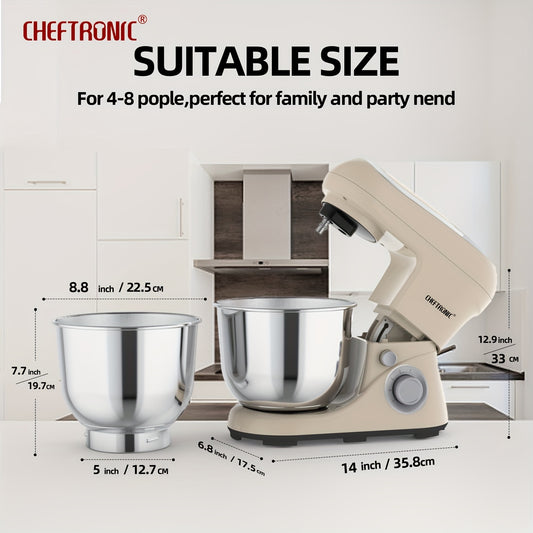 CHEFTRONIC 5.5QT Stand Mixer - 1300W 6-Speed Tilt-Head Kitchen Electric Mixer with Dough Hook, Egg Whisk, Mixing Blade & Beater - Ideal for Baking & Cooking, Metal+Plastic Body.