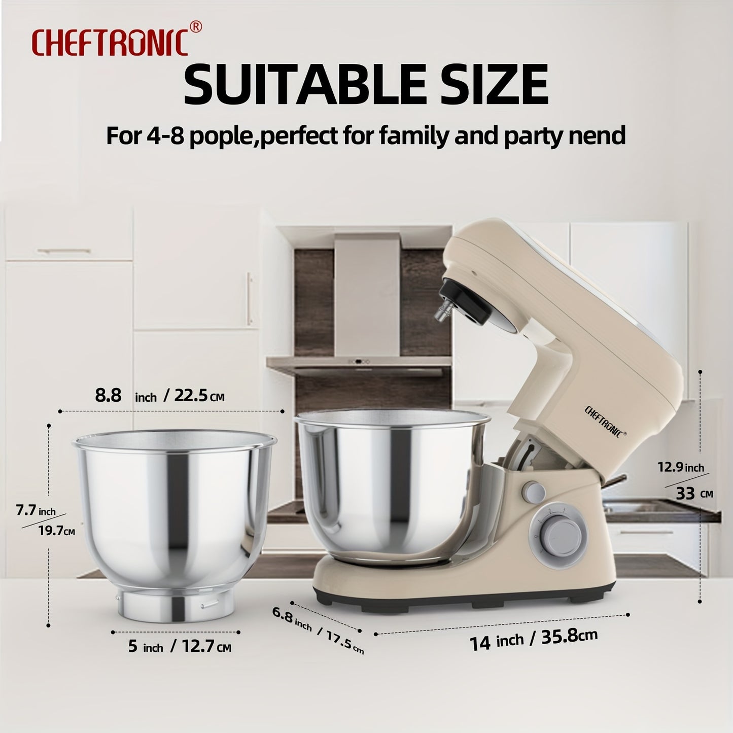 CHEFTRONIC 5.5QT Stand Mixer - 1300W 6-tezlikli Tilt-Head Oshxona Elektr Mikseri, Xamir Qopqog'i, Tuxum Qamchisi, Aralashtirish Pichog'i va Qamchi bilan - Pishirish va Ovqat Tayyorlash uchun Ideal, Metall+Plastik Tanasi.