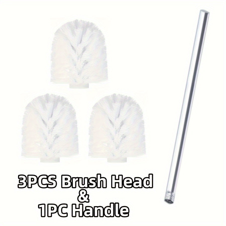 Toilet brush set includes 1 handle and 3 replacement heads, perfect for manual cleaning in the bathroom. Features a no-dead-corner design, great for use in the kitchen and toilet. Long-lasting and sturdy cleaning supplies.