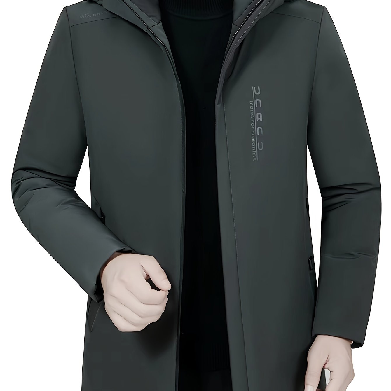 Men's black polyester winter jacket with hood, dual inner pockets, ribbed cuffs, and zipper closure for warmth and style. Suitable for casual cold wear, sleek design with ribbed cuffs.