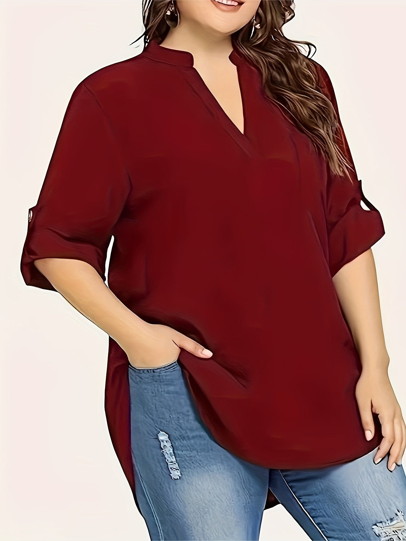 V Neck Long Sleeve Blouse for Spring & Fall, Plus Size Solid, Women's Clothing