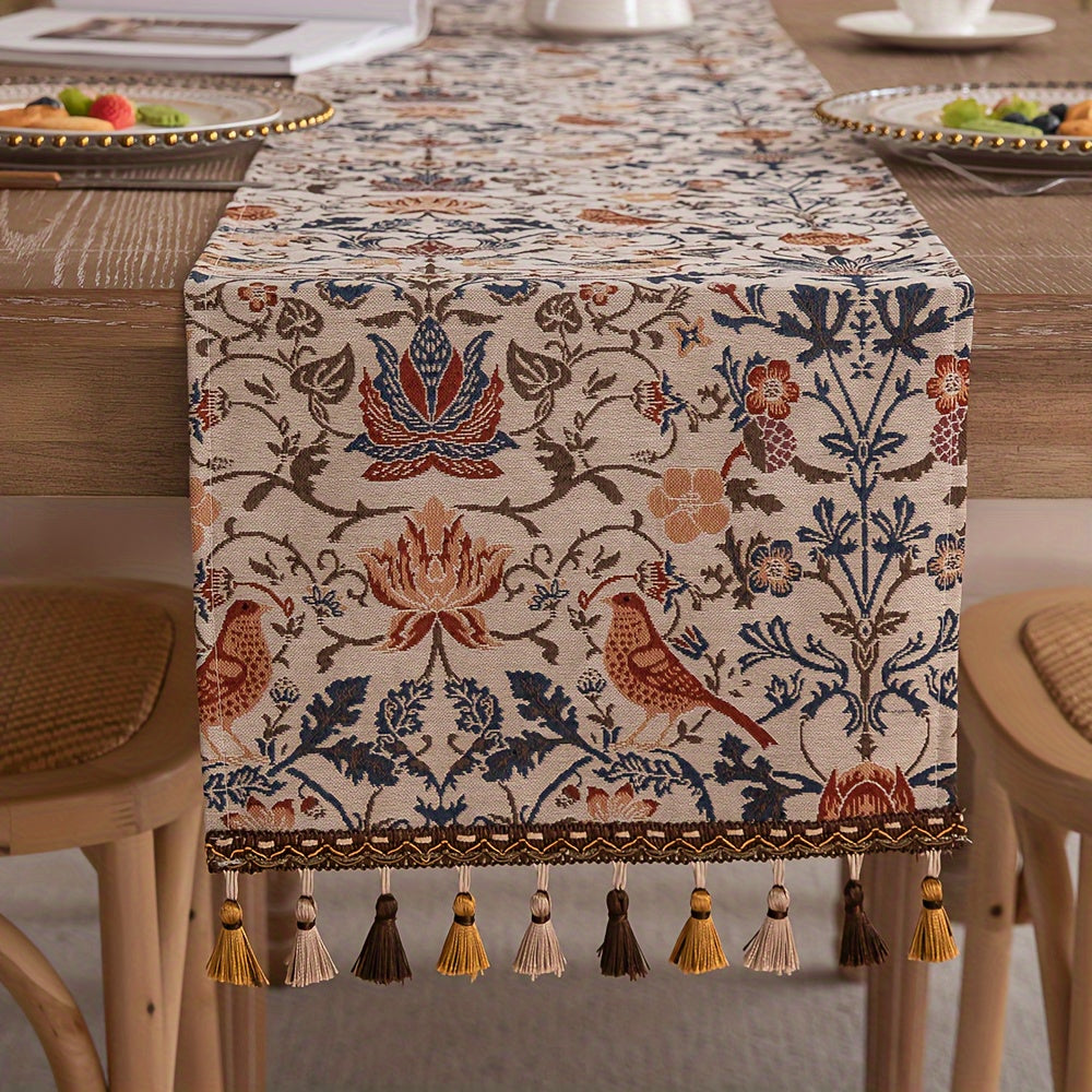 Vintage floral and bird jacquard table runner with tassels in rustic countryside style. Made of polyester, 33cm wide. Ideal for dining, coffee, and tea tables. Vintage design with polyester fabric.