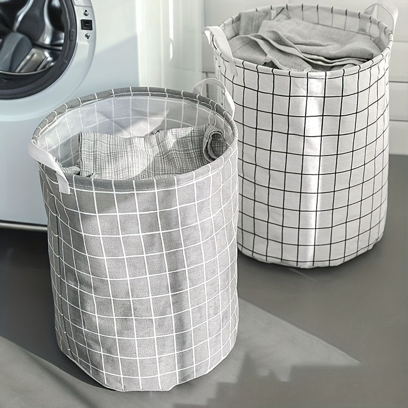 Household Dirty Clothes Basket with Toy Storage Bucket, featuring a stylish plaid fabric made of cotton and linen. This large foldable waterproof storage basket is perfect for the bathroom, bedroom, or nursing room. A thoughtful gift for Christmas