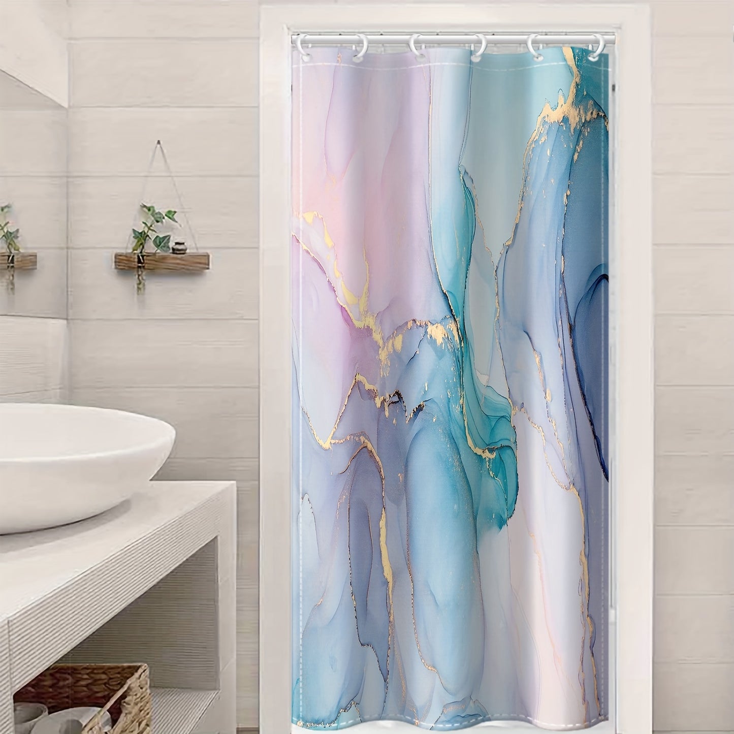 Dreamy marble gilded pattern bathroom window curtain with plastic hooks. Suitable for rooms, families, and hotels. Machine washable and waterproof.