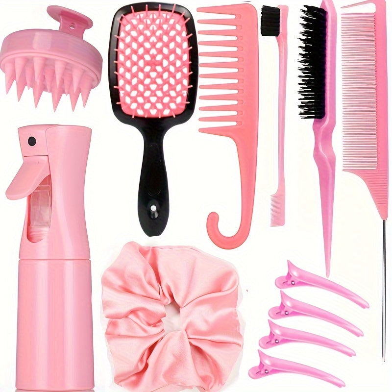 Set of 12 hair styling combs including detangling hair brush, silicone scalp massager shampoo brush, detangler brush, teasing hair brush, comb edge brush, and hairdressing spray bottle for hair styling tools.