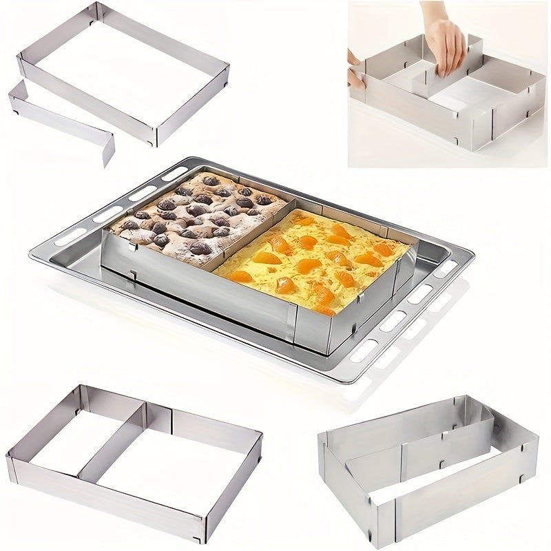 Adjustable, scalable stainless steel rectangular mousse cake mold, suitable for baking birthday cakes, tiramisu, bread, and pastries. Measures 27.94cm to 53.34cm. Perfect for all your baking needs.