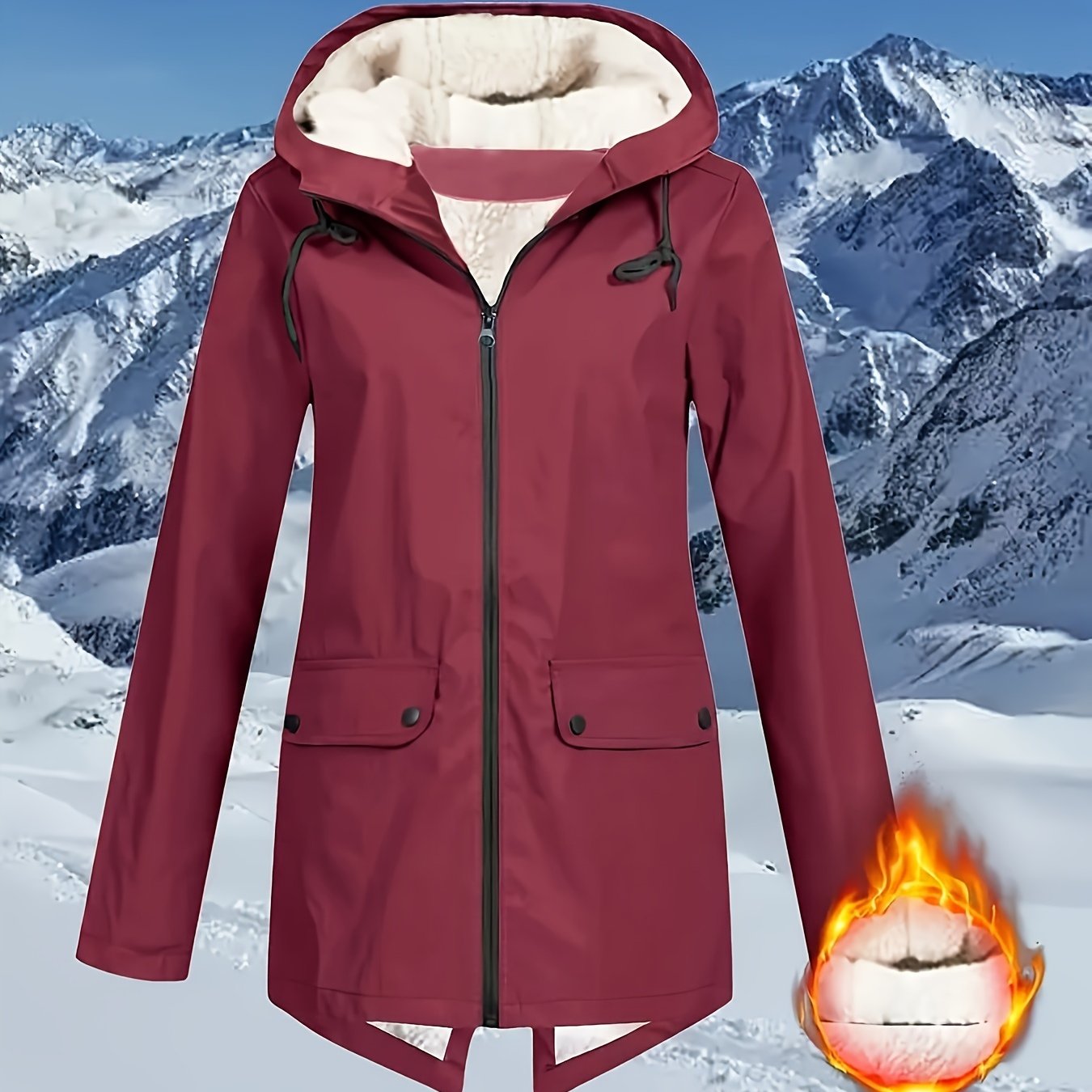 Women's plus size solid zip front warm coat with hooded long sleeves for fall and winter.