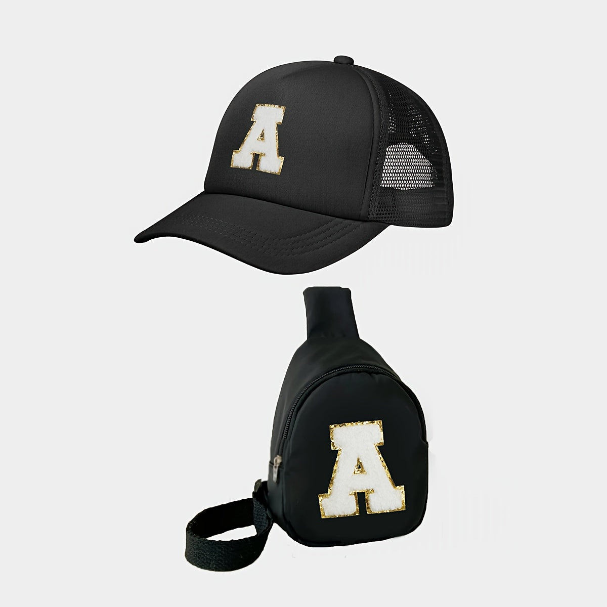 Children's Alphabet Baseball Cap and Shoulder Bag Set made of polyester material with a breathable, season-neutral design. Features a fitted cap with a buckle closure suitable for daily and