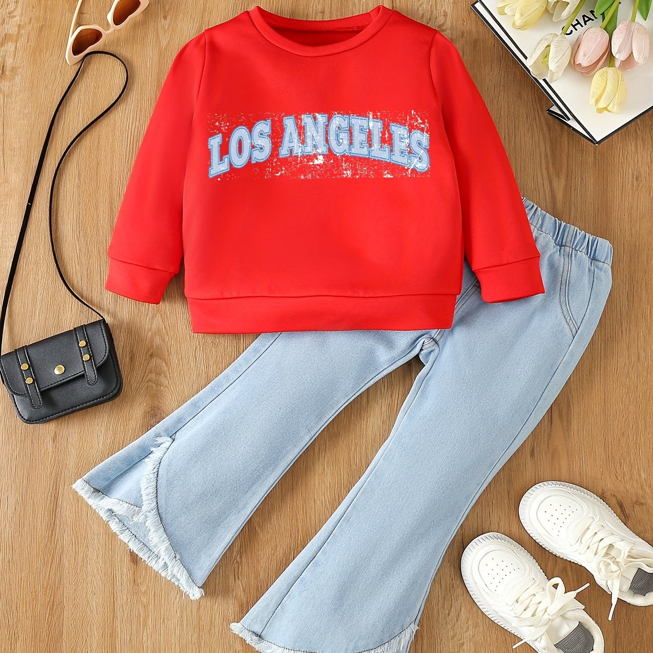 Girl's casual style sweatshirt with letter print and denim bell-bottomed fringe pants set for spring and autumn