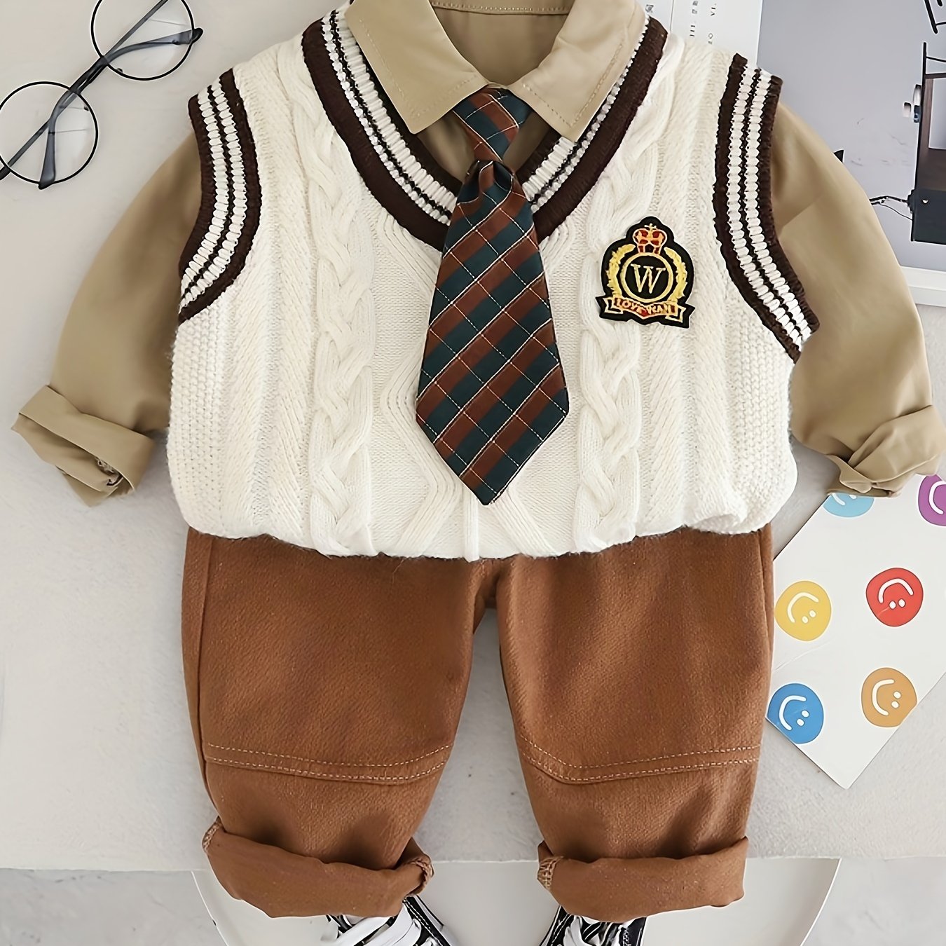 Boys' 3pcs Fall Outfit Set: Cotton Blend Shirt, Vest & Pants with Free Tie - Casual Style for Spring/Fall, Ideal for Outdoors