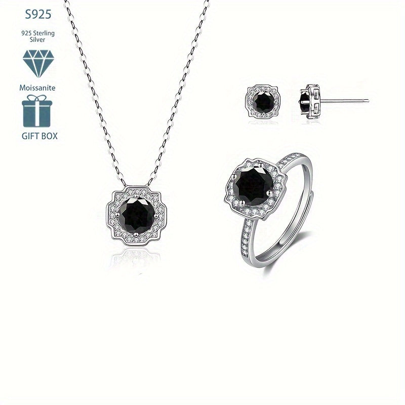 Choose your preferred color and receive a set of high-quality jewelry pieces - one pair of ear studs, one necklace, and one ring all inlaid with sparkling Moissanite stones. Made from 925 sterling silver, these accessories are perfect for engagements or