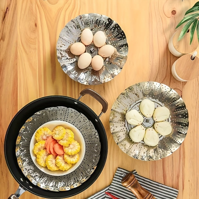 Multi-functional stainless steel steamer rack that can be expanded or folded for convenient storage, great for steaming a variety of foods such as buns, eggs, and fruits. A must-have kitchen gadget for use at home, in dorms, or during holidays.