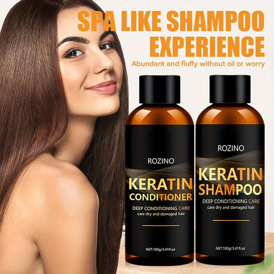 ROZINO Keratin Shampoo and Conditioner Set: Deeply conditions and cleans dry hair, unisex, glycerin-enriched for smooth, silky finish with long-lasting hydration and scent.